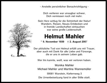 Traueranzeige von Helmut Mahler von Tageszeitung