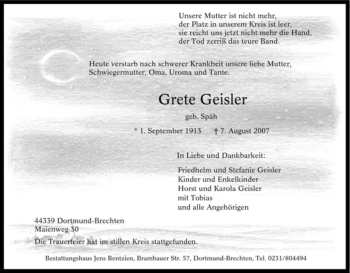 Traueranzeige von Grete Geisler von Tageszeitung