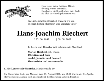 Traueranzeige von Hans-Joachim Riechert von Tageszeitung
