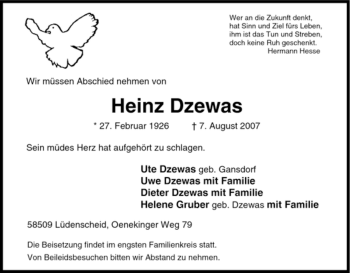 Traueranzeige von Heinz Dzewas von Tageszeitung