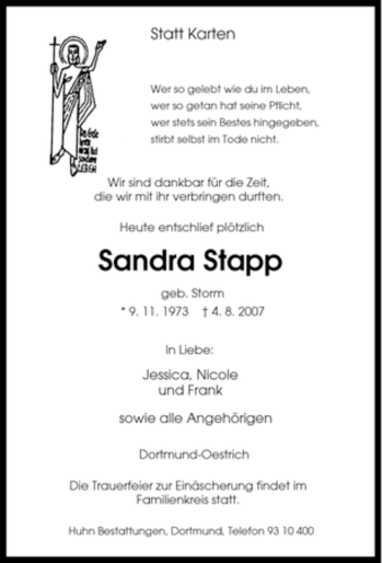 Traueranzeige von Sandra Stapp von Tageszeitung