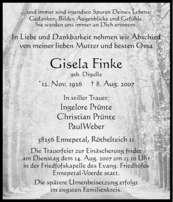 Traueranzeige von Gisela Finke von Tageszeitung