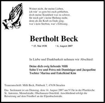 Traueranzeige von Bertholt Beck von Tageszeitung