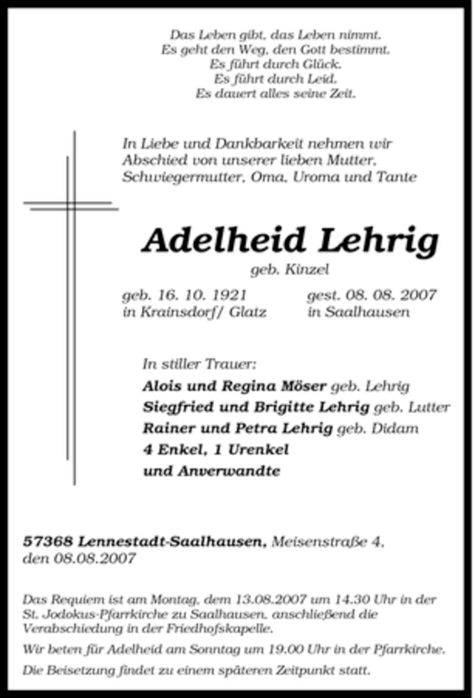  Traueranzeige für Adelheid Lehrig vom 10.08.2007 aus Tageszeitung