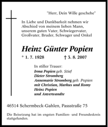 Traueranzeige von Heinz Günter Popien von Tageszeitung