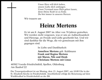 Traueranzeige von Heinz Mertens von Tageszeitung