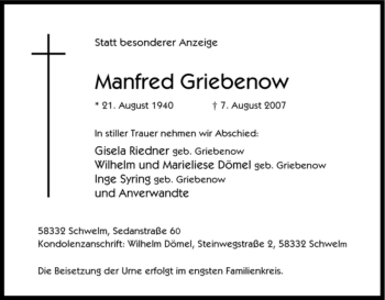 Traueranzeige von Manfred Griebenow von Tageszeitung