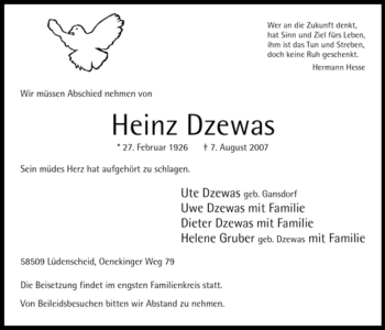 Traueranzeige von Heinz Dzewas von Tageszeitung