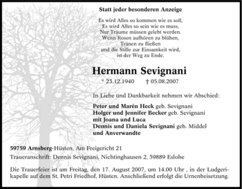 Traueranzeige von Hermann Sevignani von Tageszeitung