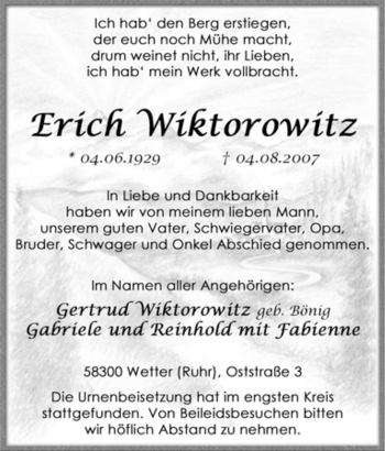 Traueranzeige von Erich Wiktorowitz von Tageszeitung