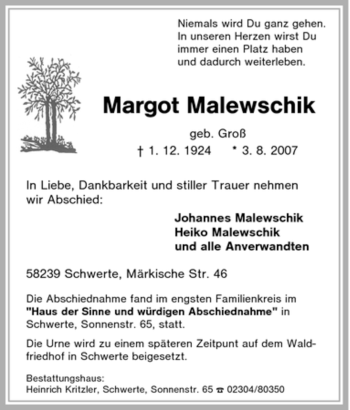 Traueranzeige von Margot Malewschik von Tageszeitung