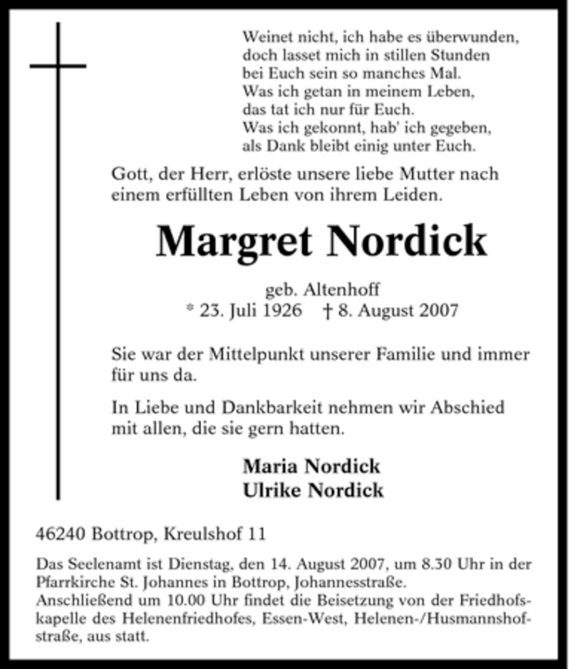  Traueranzeige für Margret Nordick vom 11.08.2007 aus Tageszeitung