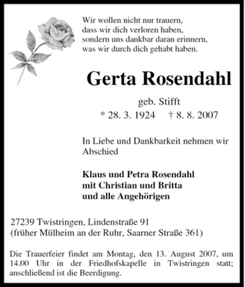 Traueranzeige von Gerta Rosendahl von Tageszeitung