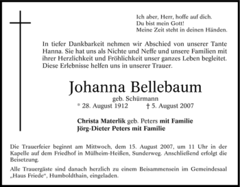 Traueranzeige von Johanna Bellebaum von Tageszeitung
