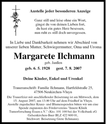 Traueranzeige von Margarete Ilchmann von Tageszeitung