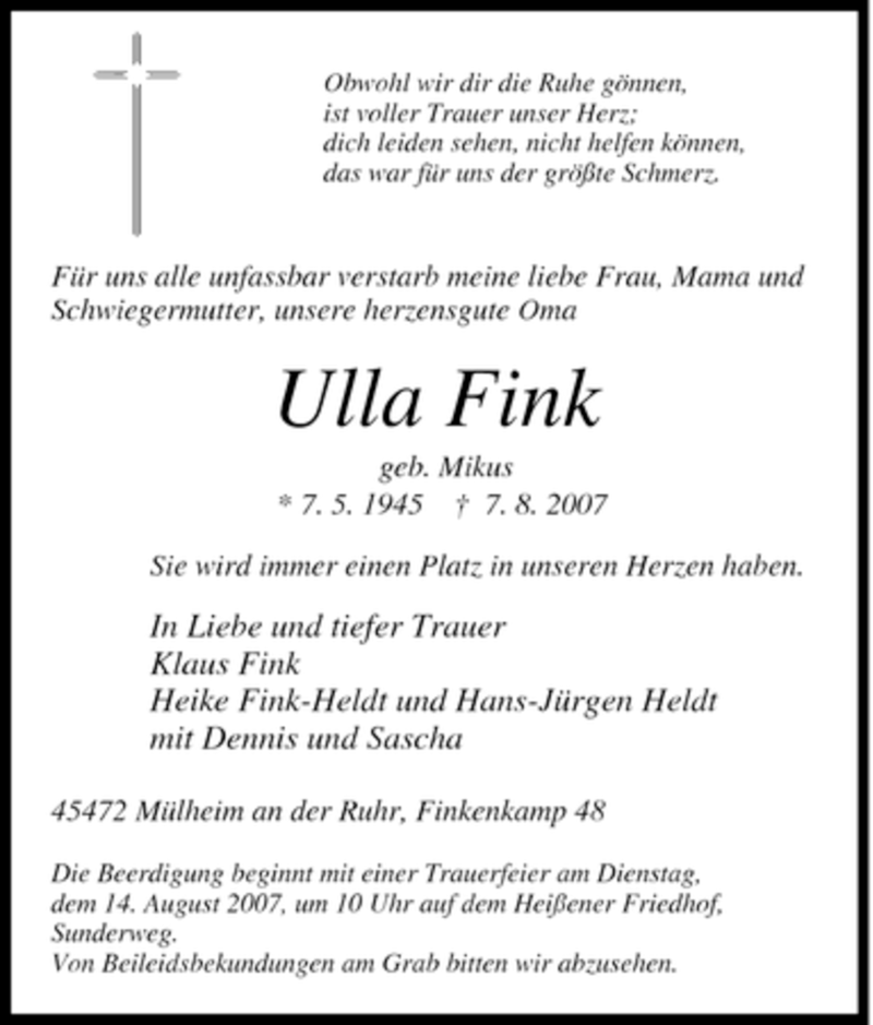  Traueranzeige für Ulla Fink vom 11.08.2007 aus Tageszeitung