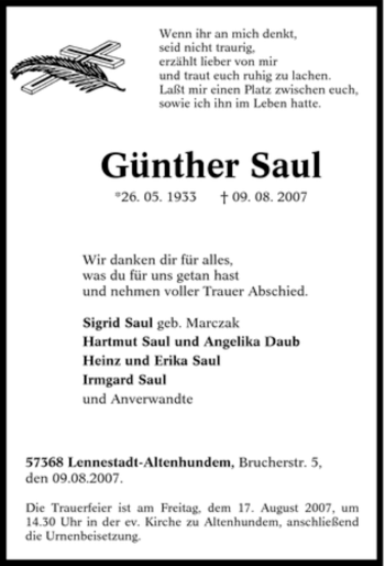 Traueranzeige von Günther Saul von Tageszeitung