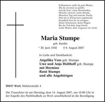 Traueranzeige von Maria Stumpe von Tageszeitung