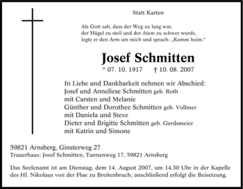 Traueranzeige von Josef Schmitten von Tageszeitung