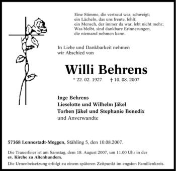 Traueranzeige von Willi Behrens von Tageszeitung