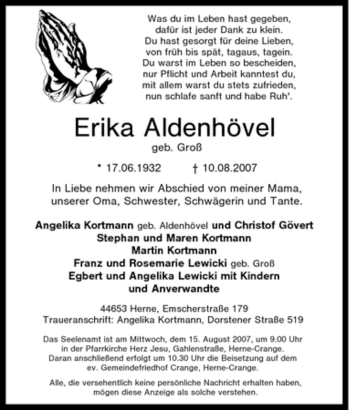 Traueranzeige von Erika Aldenhövel von Tageszeitung