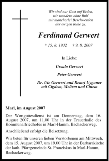 Traueranzeige von Ferdinand Gerwert von Tageszeitung