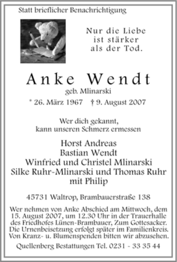 Traueranzeige von Anke Wendt von Tageszeitung