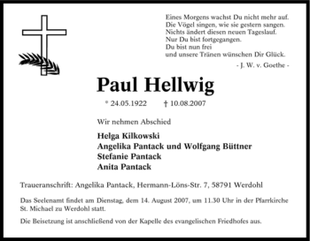 Traueranzeige von Paul Hellwig von Tageszeitung