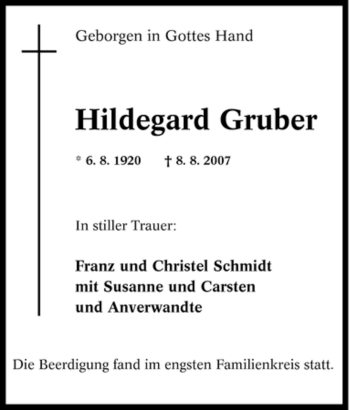Traueranzeige von Hildegard Gruber von Tageszeitung