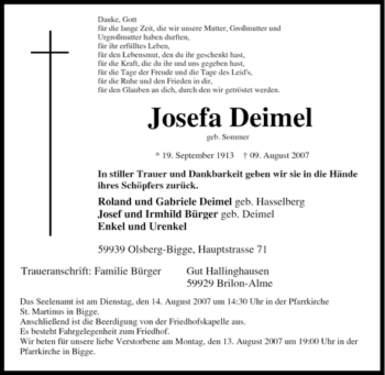 Traueranzeige von Josefa Deimel von Tageszeitung