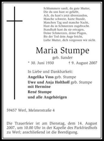 Traueranzeige von Maria Stumpe von Tageszeitung