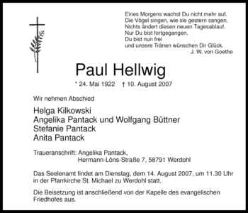 Traueranzeige von Paul Hellwig von Tageszeitung