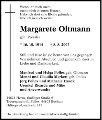 Traueranzeige von Margarete Oltmann von Tageszeitung