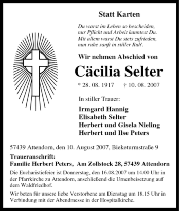 Traueranzeige von Cäcilia Selter von Tageszeitung