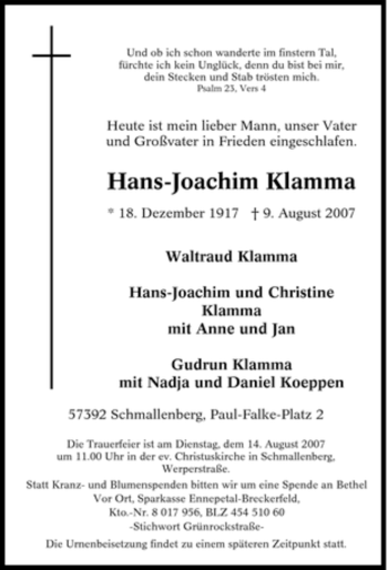 Traueranzeige von Hans-Joachim Klamma von Tageszeitung