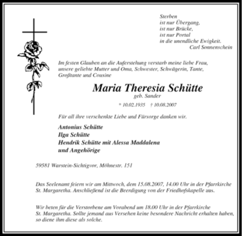 Traueranzeige von Maria Theresia Schütte von Tageszeitung