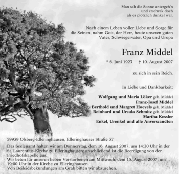 Traueranzeige von Franz Middel von Tageszeitung