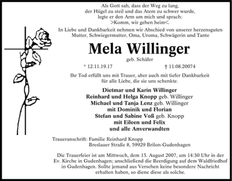  Traueranzeige für Mela Willinger vom 13.08.2007 aus Tageszeitung