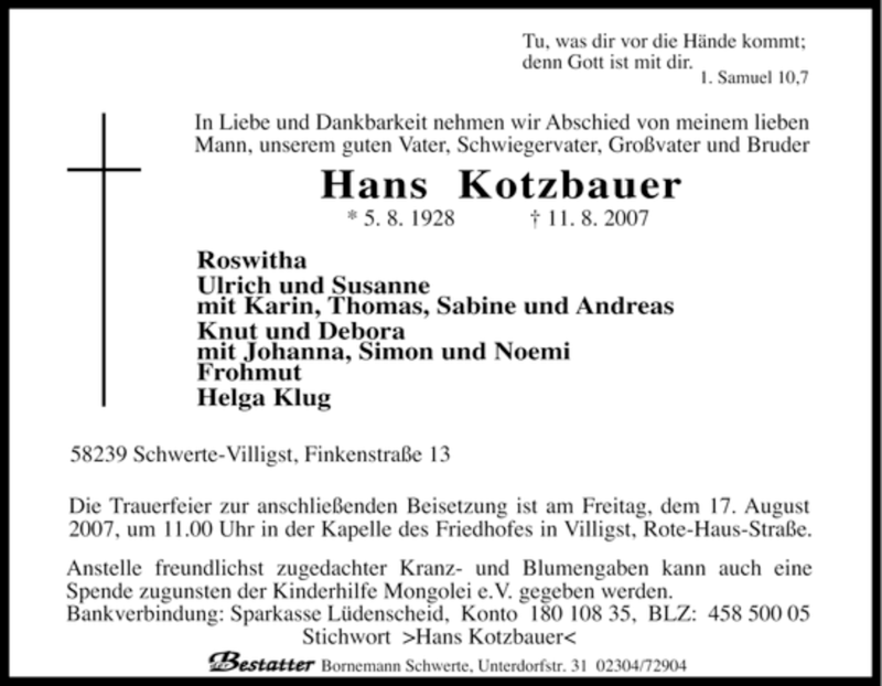  Traueranzeige für Hans Kotzbauer vom 13.08.2007 aus Tageszeitung
