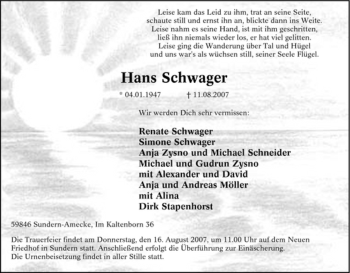 Traueranzeige von Hans Schwager von Tageszeitung