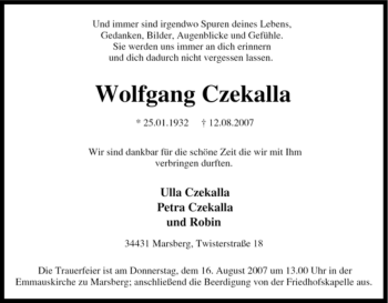 Traueranzeige von Wolfgang Czekalla von Tageszeitung
