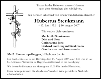 Traueranzeige von Hubertus Steukmann von Tageszeitung