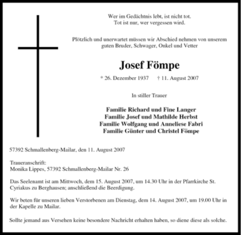 Traueranzeige von Josef Fömpe von Tageszeitung