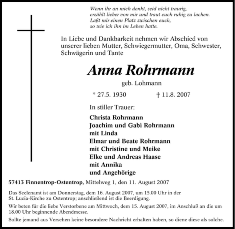  Traueranzeige für Anna Rohrmann vom 13.08.2007 aus Tageszeitung