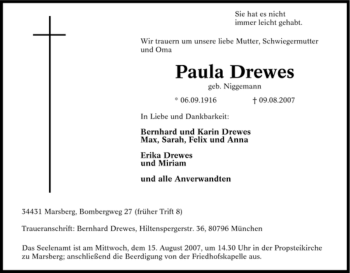 Traueranzeige von Paula Drewes von Tageszeitung