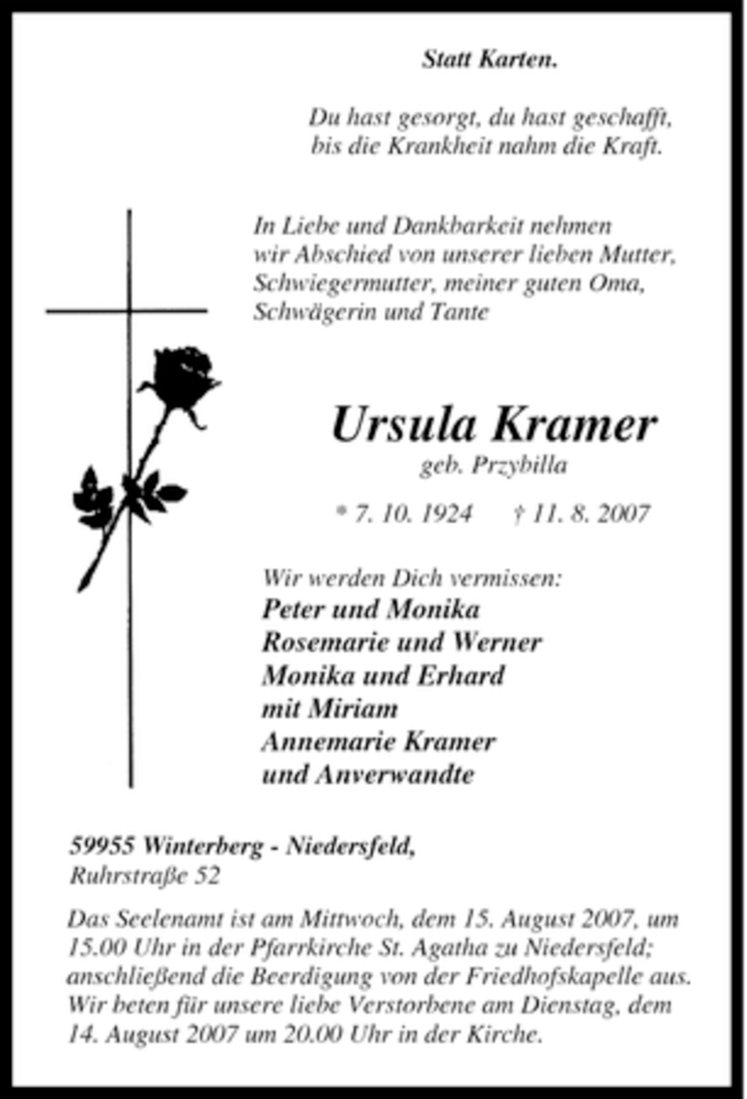  Traueranzeige für Ursula Kramer vom 13.08.2007 aus Tageszeitung