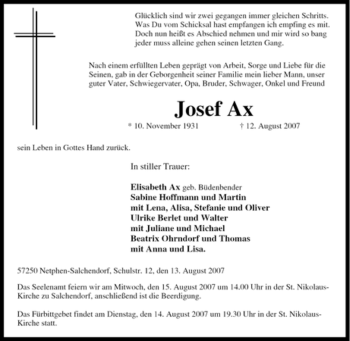 Traueranzeige von Josef Ax von Tageszeitung
