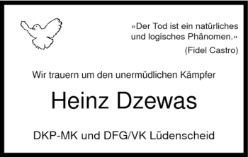 Traueranzeige von Heinz Dzewas von Tageszeitung