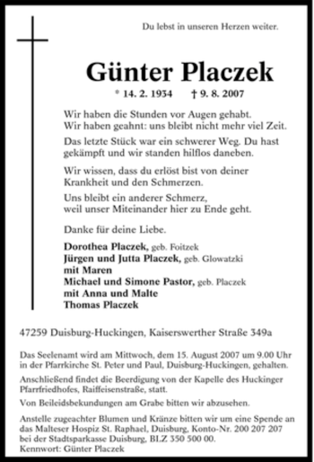 Traueranzeige von Günter Placzek von Tageszeitung