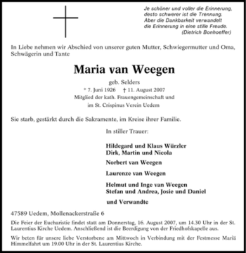 Traueranzeige von Maria van Weegen von Tageszeitung